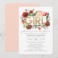 Burgundy Red Blush Floral Gold Glitter Baby Shower