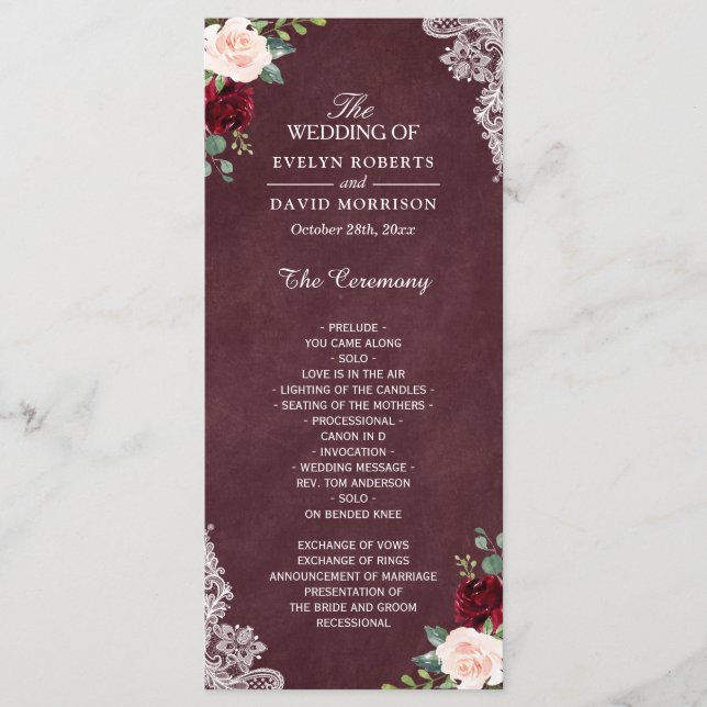 Burgundy Red Blush Floral Lace Wedding Program (Front)