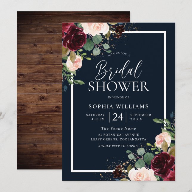 Burgundy Red & Blush Floral Navy Bridal Shower Invitation (Front/Back)