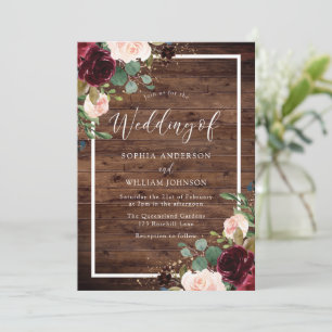 Burgundy Red & Blush Floral Rustic Wood Wedding Invitation