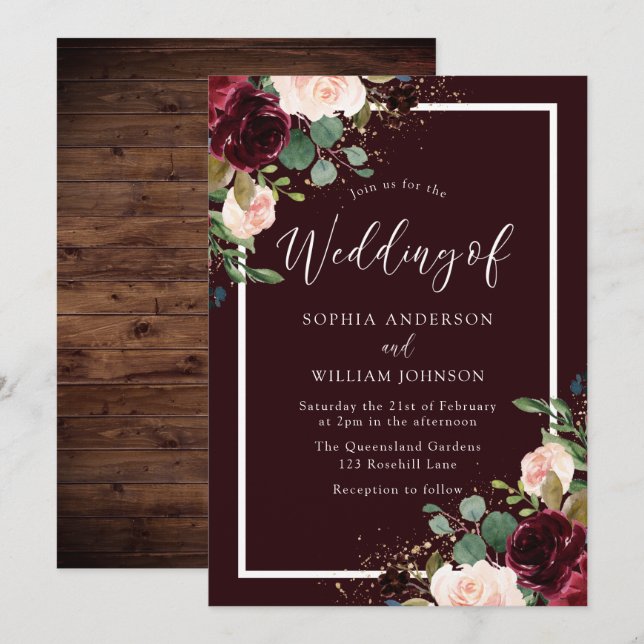 Burgundy Red & Blush Floral Watercolor Wedding Invitation (Front/Back)