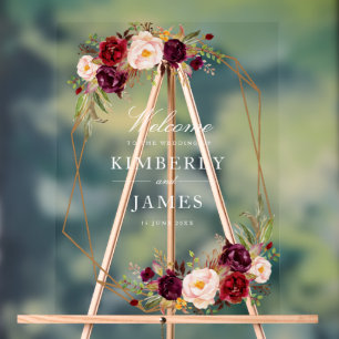 Burgundy red & blush floral wedding acrylic sign