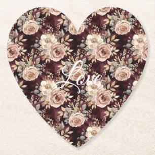 Burgundy Red Blush Floral Wedding Paper Coaster