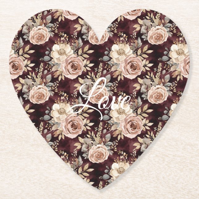 Burgundy Red Blush Floral Wedding Paper Coaster (Front)