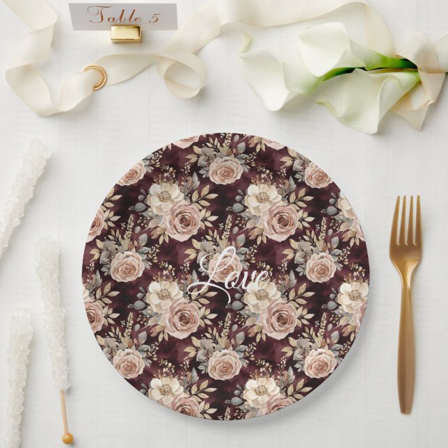 Burgundy Red Blush Floral Wedding Paper Plate (Wedding)