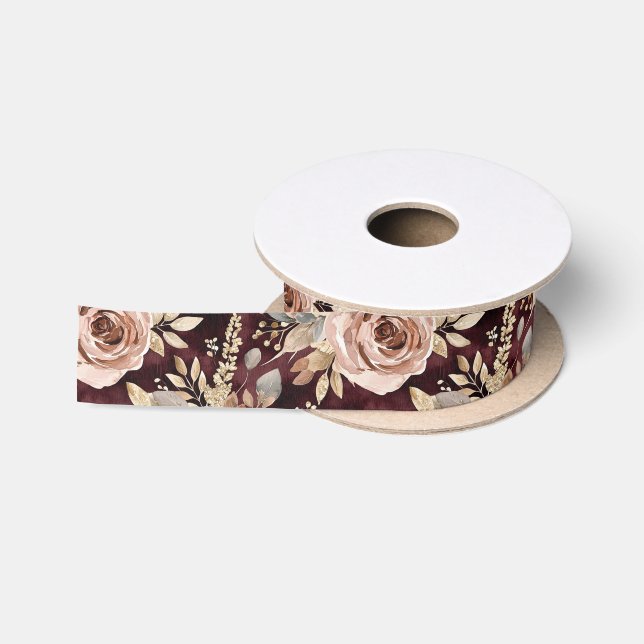 Burgundy Red Blush Floral Wedding Satin Ribbon (Spool)