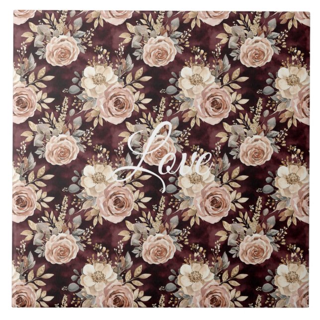 Burgundy Red Blush Floral Wedding Tile (Front)