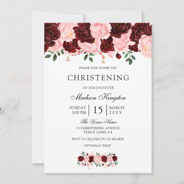 Burgundy Red Blush Flowers Christening Invite (Front)