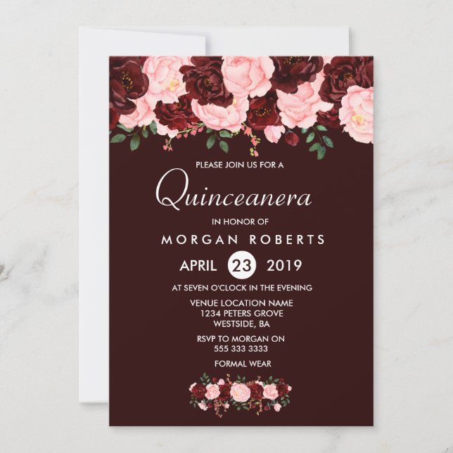 Burgundy Red Blush Flowers Quinceanera Invite (Front)