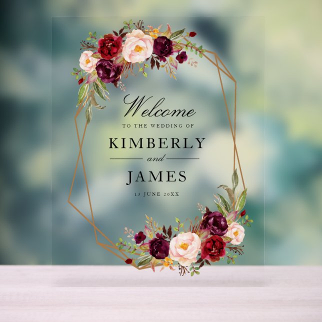 Burgundy red & blush flowers wedding  acrylic sign (Neutral)