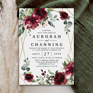 Burgundy Red Blush Gold Geometric Greenery Wedding Invitation