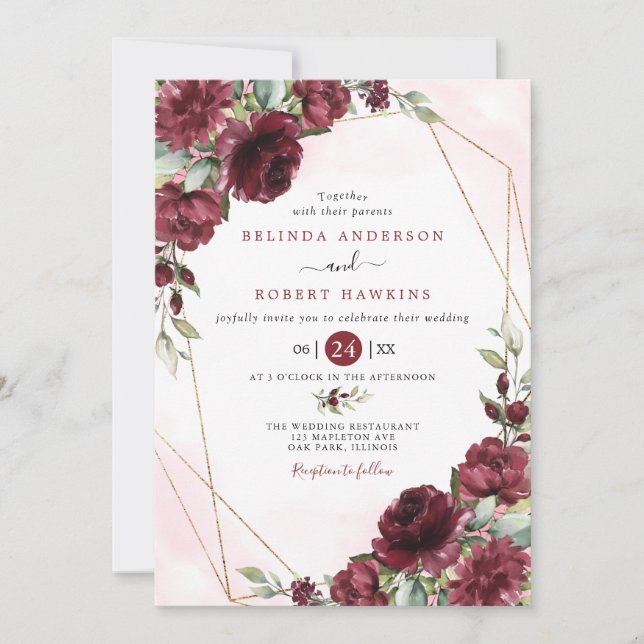 Burgundy Red Blush Gold Geometric Greenery Wedding Invitation (Front)