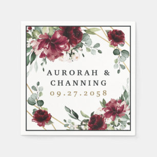 Burgundy Red Blush Gold Geometric Greenery Wedding Napkin