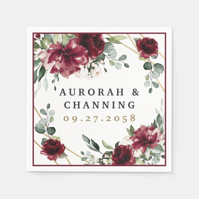 Burgundy Red Blush Gold Geometric Greenery Wedding Napkin (Front)