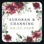 Burgundy Red Blush Gold Geometric Greenery Wedding Square Sticker<br><div class="desc">Design features a printed gold coloured geometric frame with floral elements in shades of burgundy,  red and blush over greenery,  eucalyptus and flower blooms.</div>
