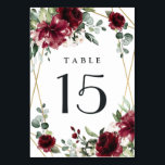 Burgundy Red Blush Gold Geometric Greenery Wedding Table Number<br><div class="desc">Design features a printed gold coloured geometric frame with floral elements in shades of burgundy,  red and blush over greenery,  eucalyptus and flower blooms.</div>
