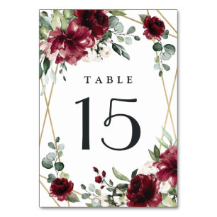 Burgundy Red Blush Gold Geometric Greenery Wedding Table Number