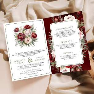 Burgundy Red Blush Pink Floral All in One Wedding Invitation