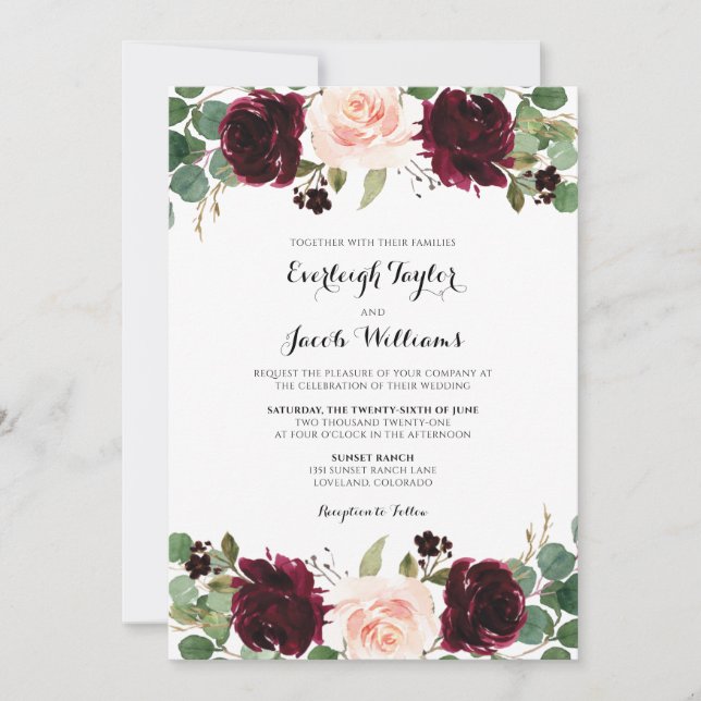 Burgundy Red Blush Pink Floral Eucalyptus Wedding  Invitation (Front)