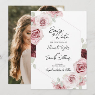 Burgundy Red Blush Pink Floral Photo Wedding Save The Date