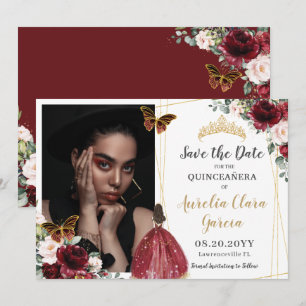 Burgundy Red Blush Pink Floral Quinceañera Photo Save The Date