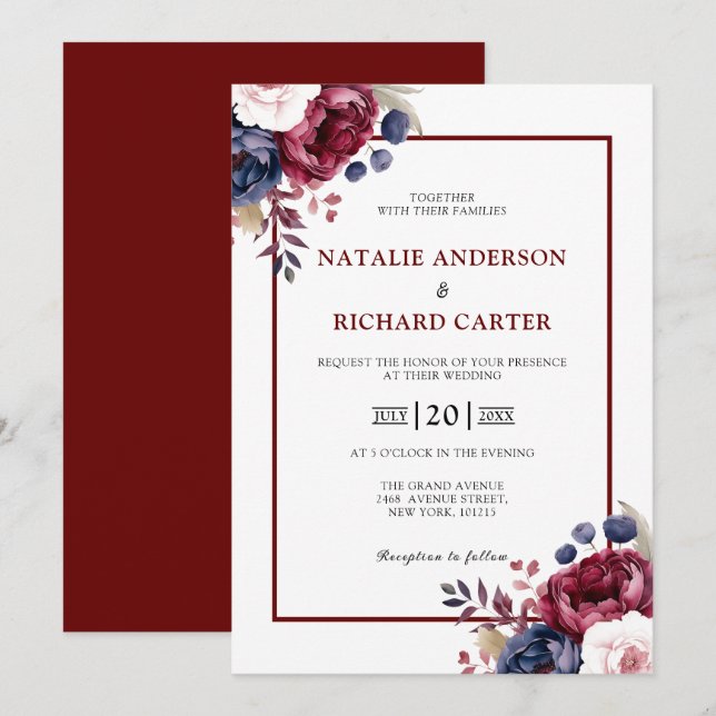 Burgundy Red blush pink floral watercolor wedding  Invitation (Front/Back)