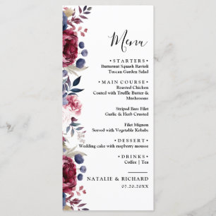 Burgundy Red blush pink floral watercolor wedding  Menu