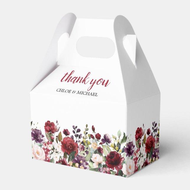 Burgundy Red Blush Pink Floral Wedding Favor Box (Front Side)