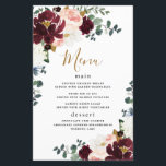 Burgundy Red Blush Pink Gold Wedding Menu Cards<br><div class="desc">Design features peonies,  magnolia,  hydrangea,  roses,  Scottish thistle,  and more in shades of burgundy,  various types of red,  blush pink white and navy blue (thistle). Design also features gold printed leaves and numerous types of green greenery including eucalyptus leaves or branches.</div>