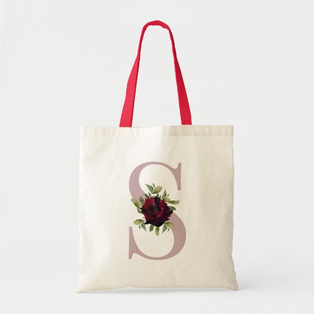Burgundy Red Blush Pink Monogram Letter Wedding Tote Bag (Front)