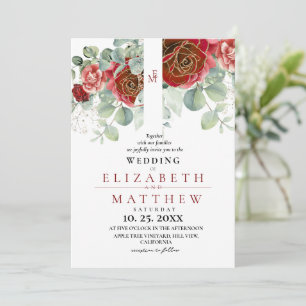 Burgundy Red Blush Rose  Elegant Wedding Invitation