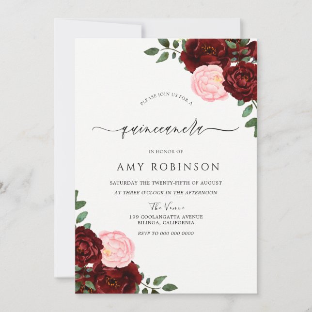 Burgundy Red & Blush Roses Quinceanera Invitation (Front)