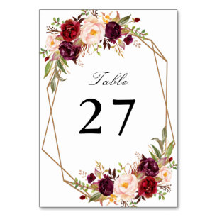 burgundy red & blush watercolor geometric wedding table number