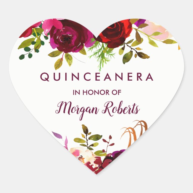 Burgundy Red Boho Floral Quinceanera Heart Sticker (Front)
