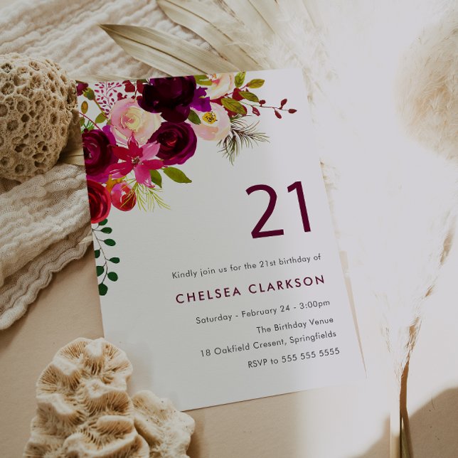 Burgundy Red Boho Flowers 21st Birthday Party Invitation (Creator Uploaded)