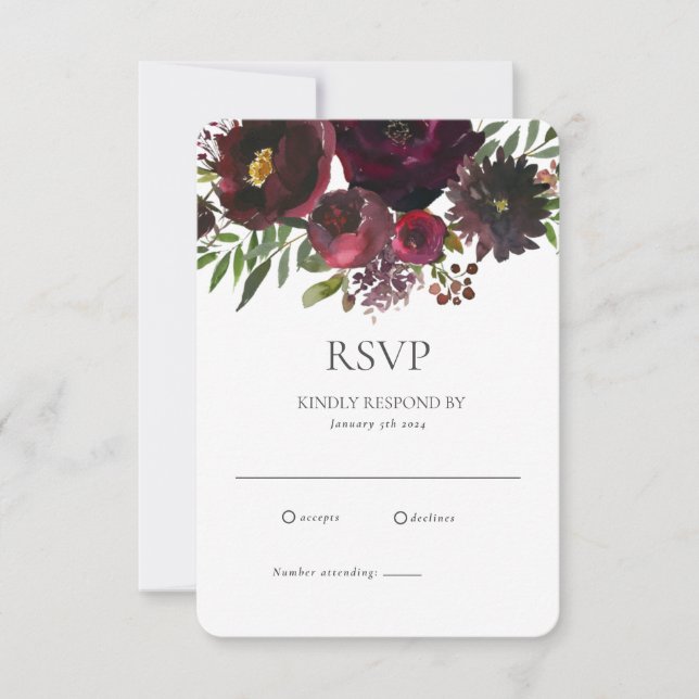Burgundy Red Botanic Floral Custom Wedding RSVP Card (Front)
