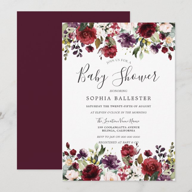Burgundy Red Botanical Baby Shower Invitation (Front/Back)