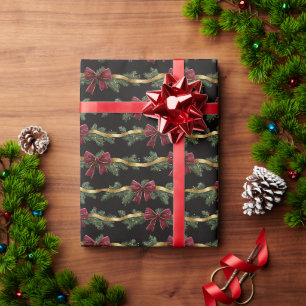 Burgundy Red Bows Gold Ribbons Christmas Wrapping Paper