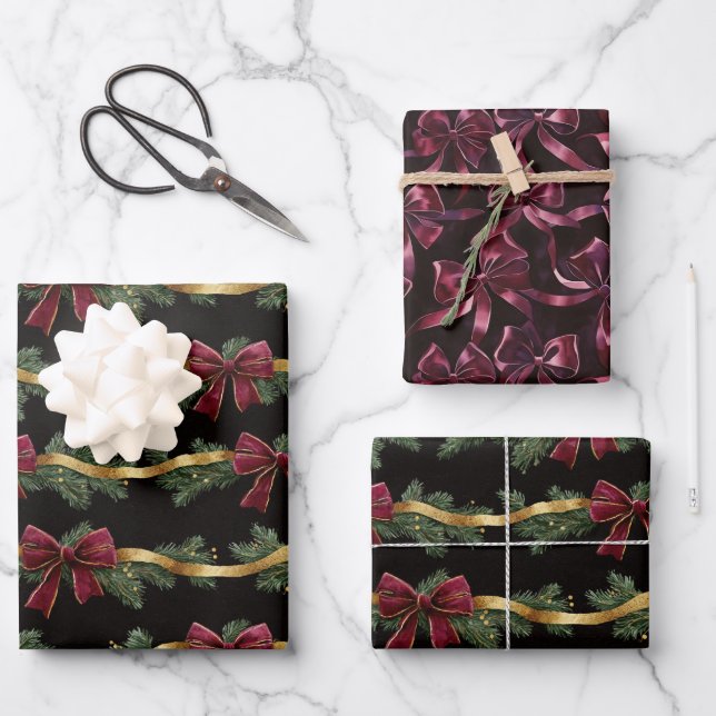Burgundy Red Bows Gold Ribbons Christmas Wrapping Paper Sheet (Front)