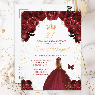 Burgundy Red Brown Hair Princess Birthday Party Postcard