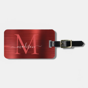 Burgundy Red Brushed Steel Metal Script Monogram Luggage Tag