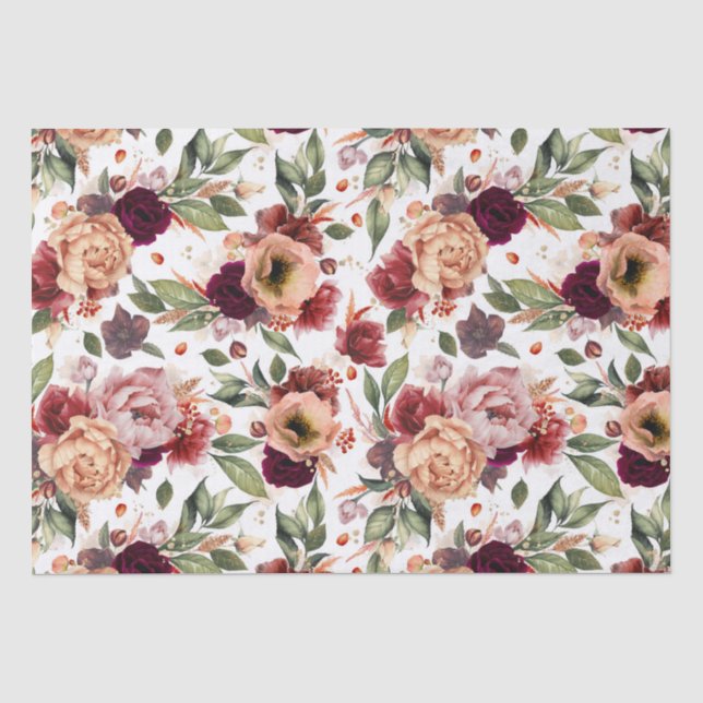Burgundy Red Burnt Orange Floral Fall Party Gifts Tissue Paper (Front)
