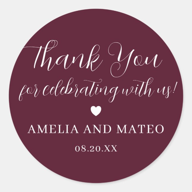 Burgundy Red Calligraphy Wedding Thank You Favour Classic Round Sticker (Front)