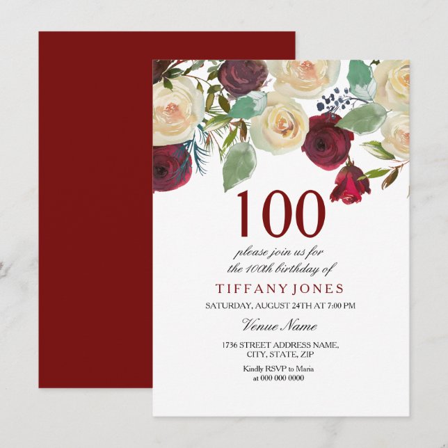 Burgundy Red Champagne white roses 100th birthday Invitation (Front/Back)
