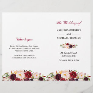 Burgundy Red Chic Floral Folded Wedding Program