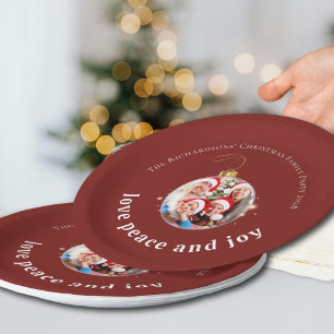 Burgundy Red Christmas Family Photo Love Peace Joy Paper Plate
