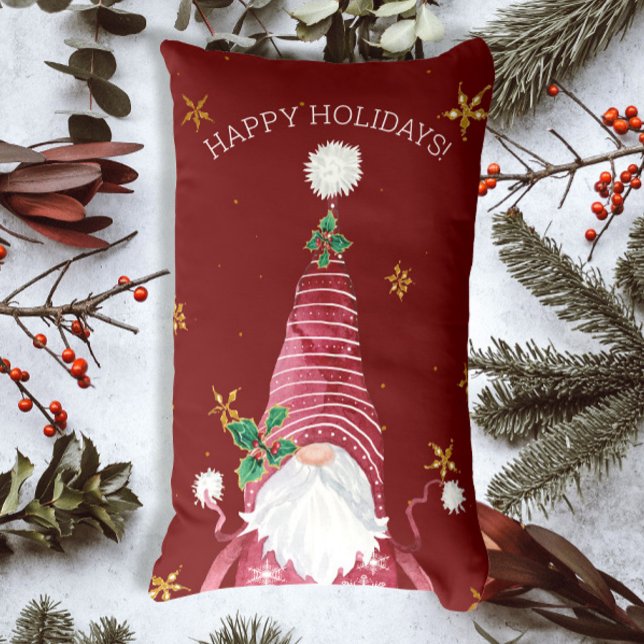 Burgundy Red Christmas Gnome Watercolor Holly Star Lumbar Pillow (Creator Uploaded)