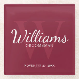 Burgundy Red Classic Script Personalized Groomsmen Glass Coaster