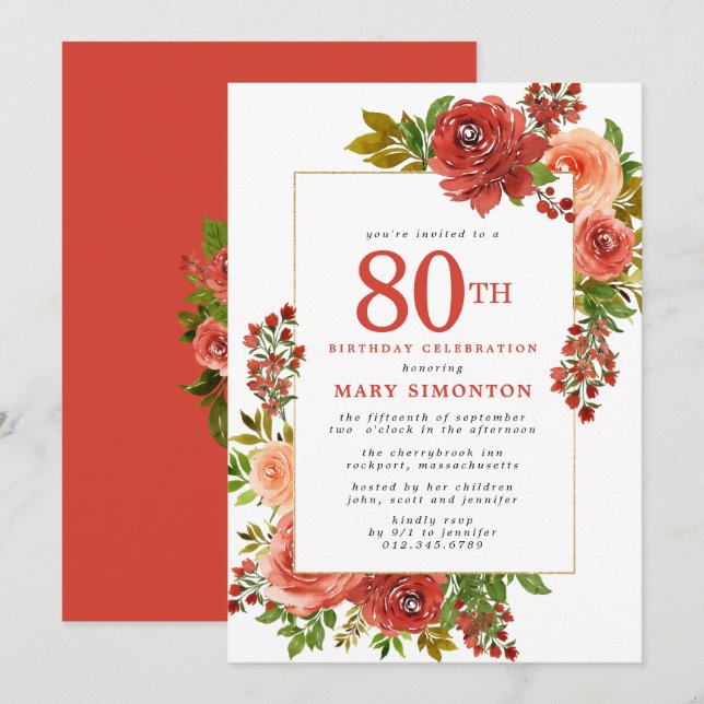 Burgundy Red Coral Pink Rose 80th Birthday Invitation (Front/Back)