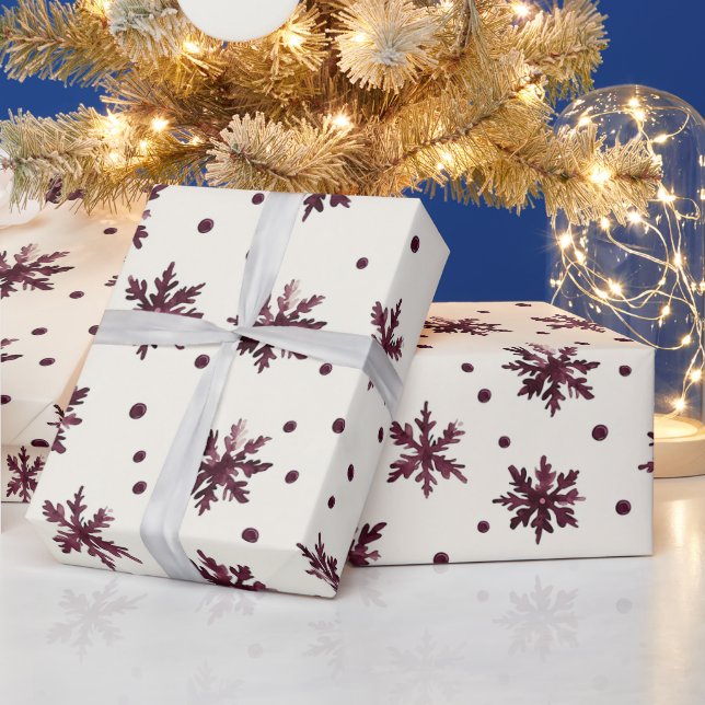 Burgundy Red Cream Snowflakes Christmas Wrapping Paper (Holidays)